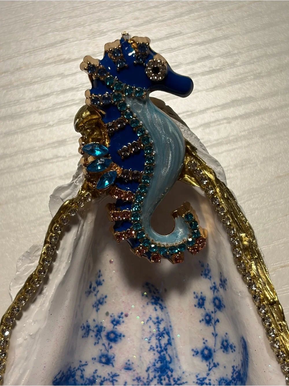 Handmade decoupage starfish oyster shell trinket dish with rhinestones